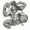 A powerful image of Lord Shiva lifting weights, with a snake coiled around his arm, in a dotwork style tattoo design idea