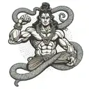 A powerful image of Lord Shiva lifting weights, with a snake coiled around his arm, in a dotwork style tattoo design idea