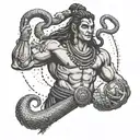 A powerful image of Lord Shiva lifting weights, with a snake coiled around his arm, in a dotwork style tattoo design idea