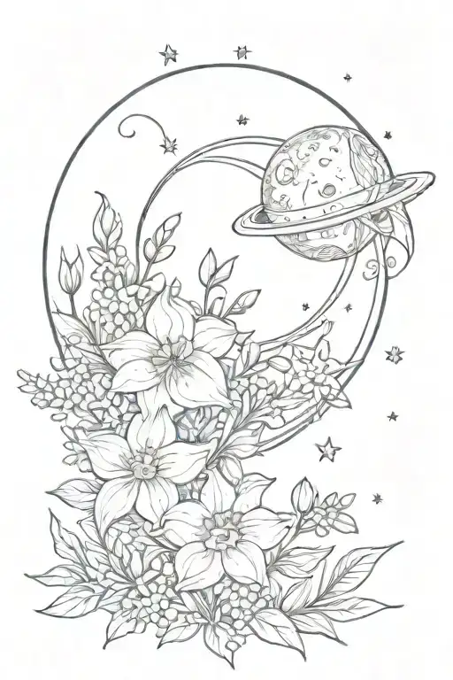 Moon and Saturn with Forget-Me-Not, Daffodil, and Larkspur tattoo design idea