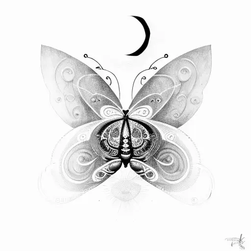 Butterfly in flight with a solar eclipse as its backdrop tattoo design idea