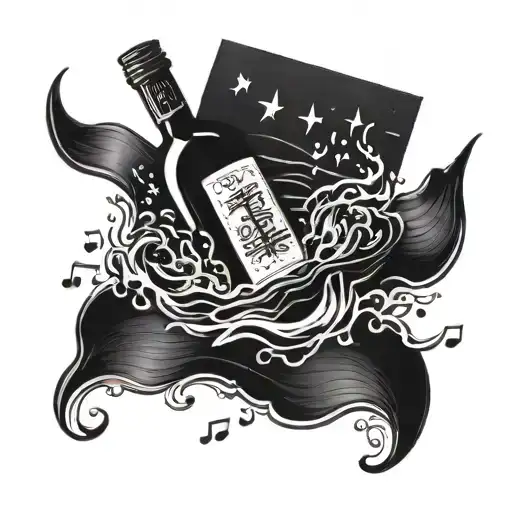 A small ship sinking with a bottle of wine and musical notes floating around it tattoo design idea