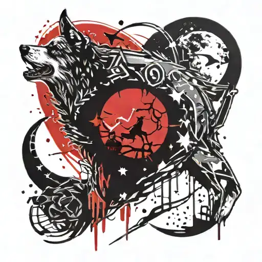 crescent and star inside the wolf silhouette filled tattoo design idea
