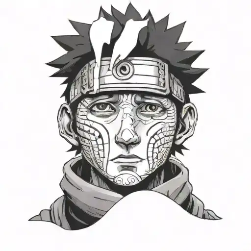A portrait of Obito Uchiha with a single tear falling, reflecting sadness in occupation tattoo design idea
