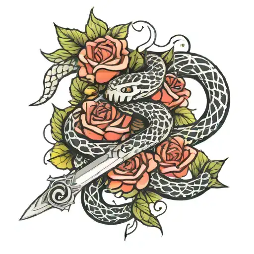 a snake coiled around a sword with roses surrounding them both  tattoo design idea