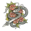 a snake coiled around a sword with roses surrounding them both  tattoo design idea