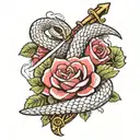 a snake coiled around a sword with roses surrounding them both  tattoo design idea