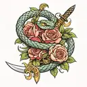 a snake coiled around a sword with roses surrounding them both  tattoo design idea