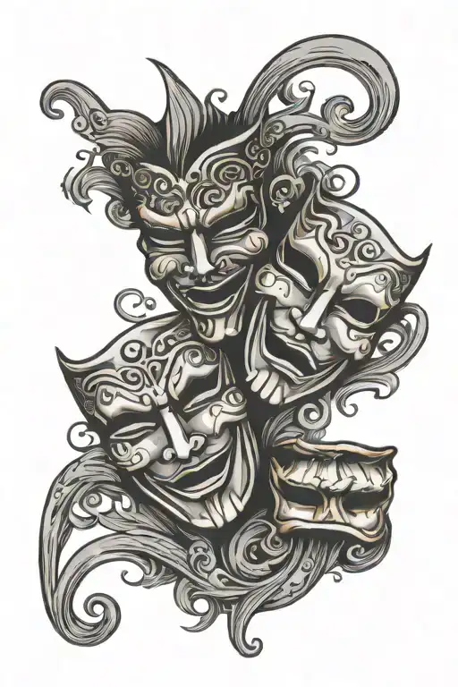 comedy tragedy masks facing each other tattoo design idea