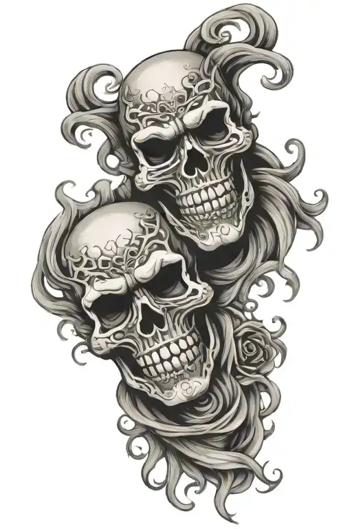 comedy tragedy masks using skulls facing away tattoo design idea