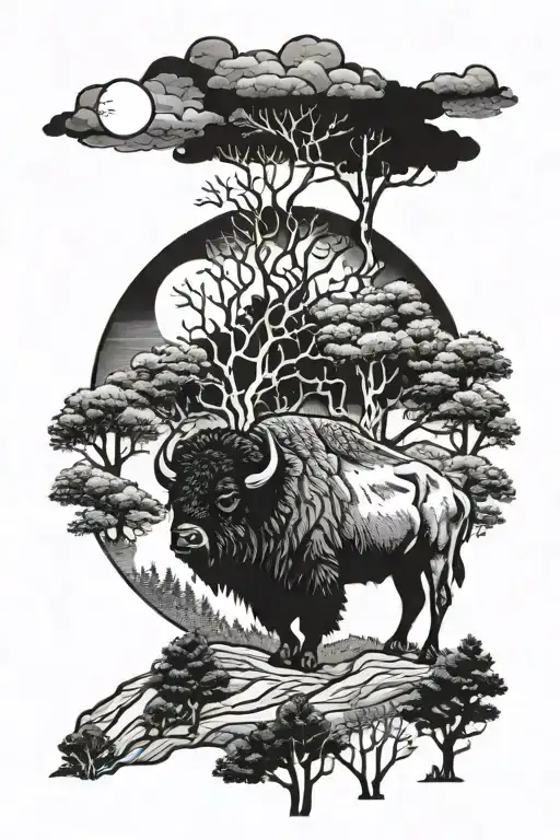 american bison, moon and trees tattoo design idea