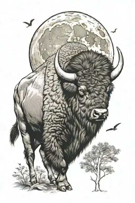 American bison, the moon and trees tattoo design idea