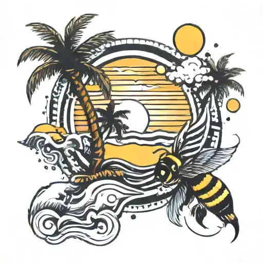sun, a wave, palm tree, bee, hearts, California bear,  tattoo design idea