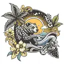 sun, a wave, palm tree, bee, hearts, California bear,  tattoo design idea