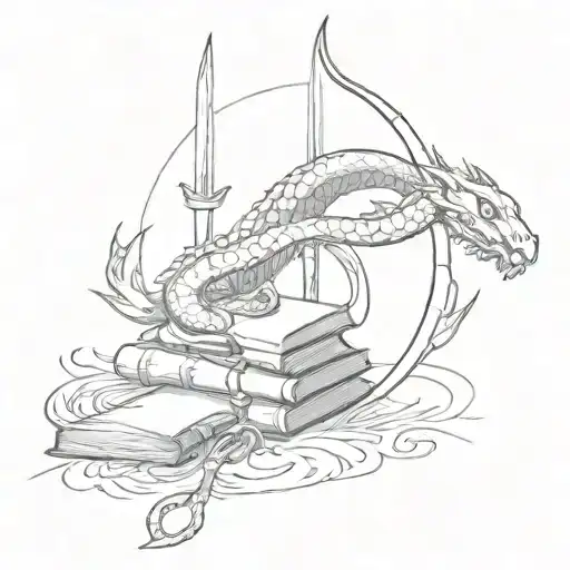 BOOKs, SWORDS, DAGGERS, MAGIC AND, DRAGONs, SNAKEs, CROWN, MOON, and thick and thin swirls tattoo design idea