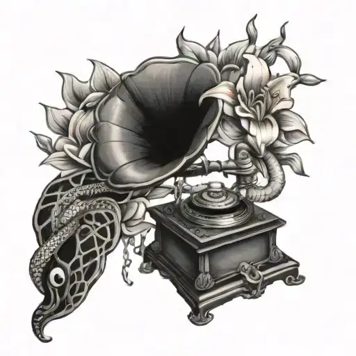 gramophone with a snake and lillys tattoo design idea