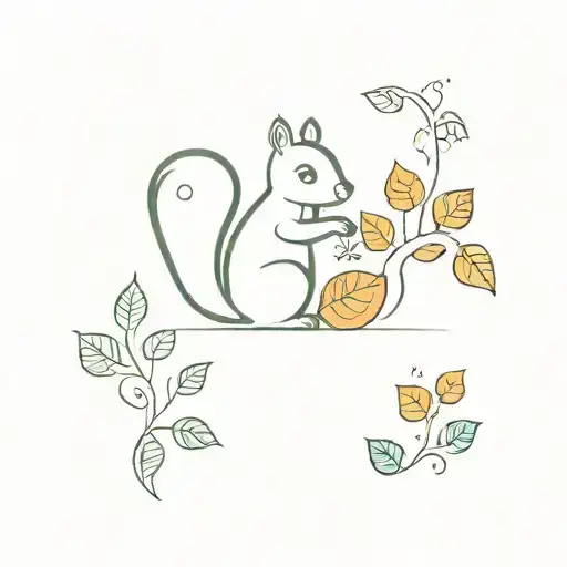 A whimsical minimalist tattoo design of a squirrel with a trail of colorful leaves and acorns, capturing the client's love for squirrels and the outdoors tattoo design idea