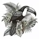 toucan with rainforest scene tattoo design idea