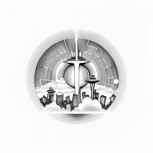 A sunset over Seattle skyline with musical notes in the background tattoo design idea