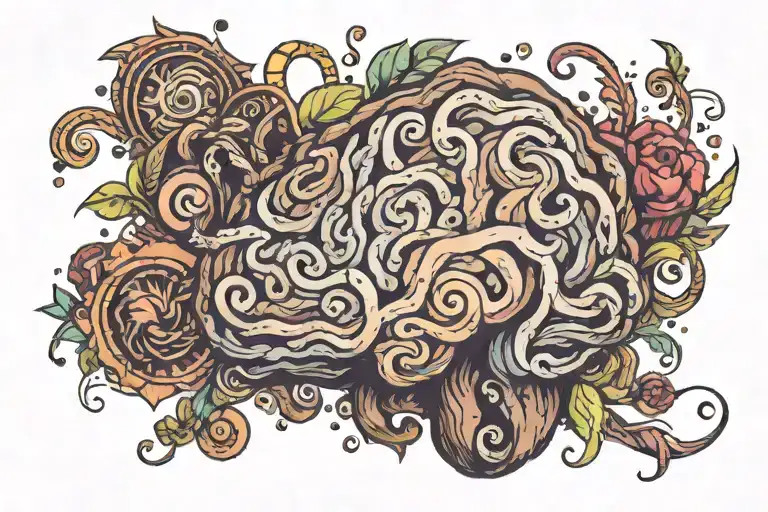 A brain made out of cacao beans and surrounded by swirling patterns tattoo design idea
