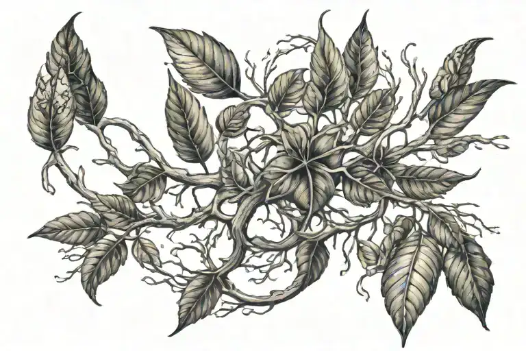 A detailed neuron intertwined with cacao pods and leaves tattoo design idea