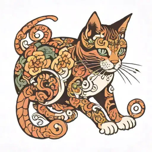 three legged cat curled tattoo design idea