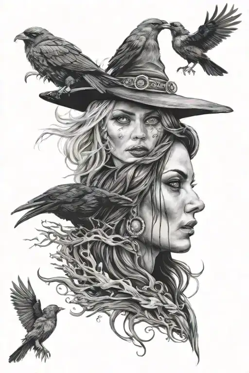 face of a witch and the head of a crow below her face tattoo design idea