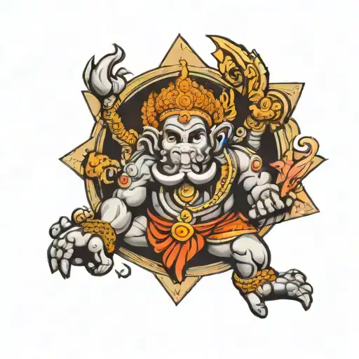hanuman god with other designs symbolizing strength and gateway of a city  tattoo design idea
