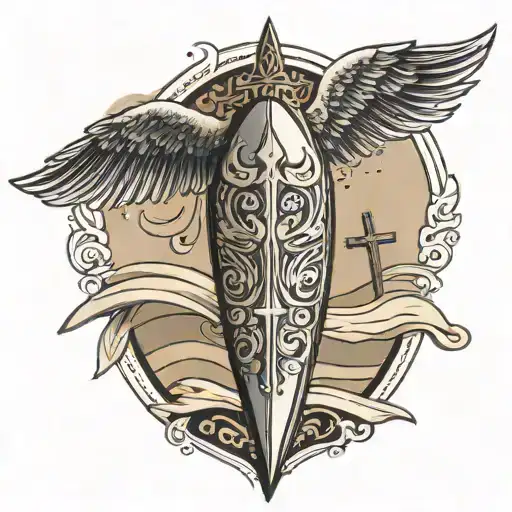 golden sand beach with a surfboard. Above, angel wings and a Christian cross tattoo design idea