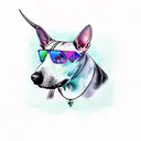 Bull terrier rides a children's bike tattoo design idea