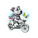 Bull terrier rides a children's bike tattoo design idea