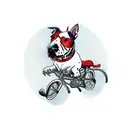 Bull terrier rides a children's bike tattoo design idea