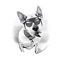 Bull terrier rides a children's bike tattoo design idea