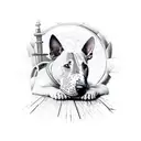 Bull terrier rides a children's bike tattoo design idea