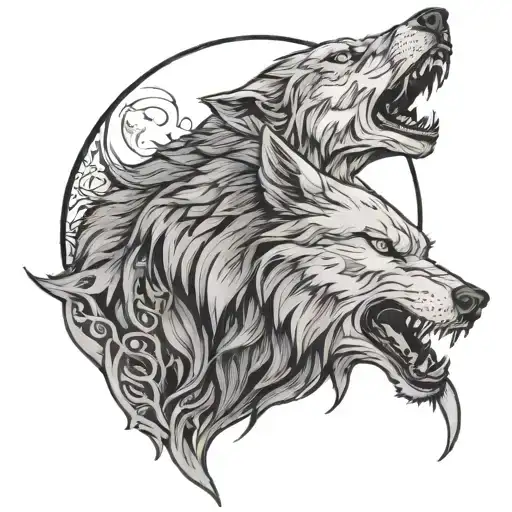 A wolf howling at the moon with a death angel hovering above, in black-grey style tattoo design idea