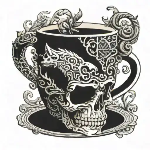 An intricate design of a coffee cup morphing into a skull, with a wolf silhouette in the background, in dotwork style tattoo design idea