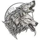 A wolf howling at the moon with a death angel hovering above, in black-grey style tattoo design idea