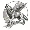 A wolf howling at the moon with a death angel hovering above, in black-grey style tattoo design idea