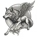 A wolf howling at the moon with a death angel hovering above, in black-grey style tattoo design idea