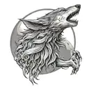A wolf howling at the moon with a death angel hovering above, in black-grey style tattoo design idea