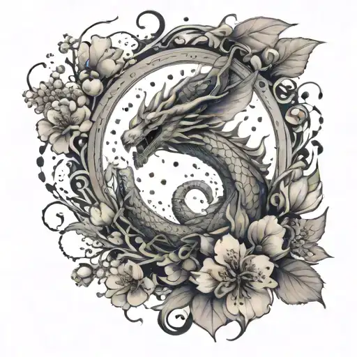 Design a tattoo featuring a mystical dragon surrounded by wild plum blossoms, incorporating elements of illusionism tattoo design idea