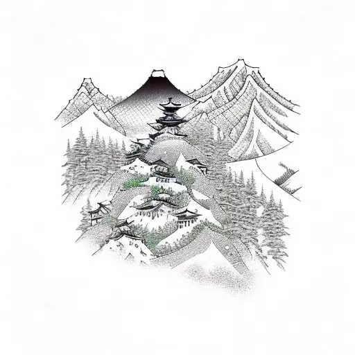Mountain Scene, Sunrise, Cherry Blossoms tattoo design idea