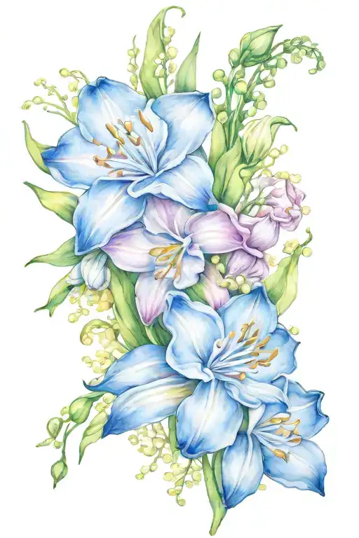 morning glory daffodil daisy lily of the valley bouquet tattoo design idea