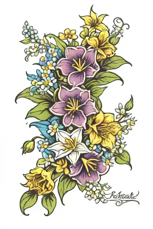 morning glory daffodil daisy lily of the valley bouquet tattoo design idea