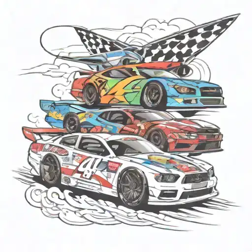3 nascars lined up start to finish line tattoo design idea
