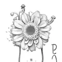 The words Grow through what you go through - with 2 mushrooms, a lily of the valley flower a chrysanthemum flower, and a tattoo design idea