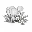 The words Grow through what you go through - with 2 mushrooms, a lily of the valley flower a chrysanthemum flower, and a tattoo design idea