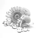 The words Grow through what you go through - with 2 mushrooms, a lily of the valley flower a chrysanthemum flower, and a tattoo design idea