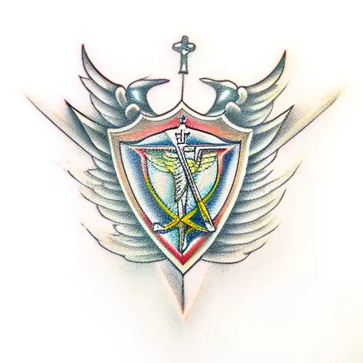 Sword shield cross angel wings tattoo design idea