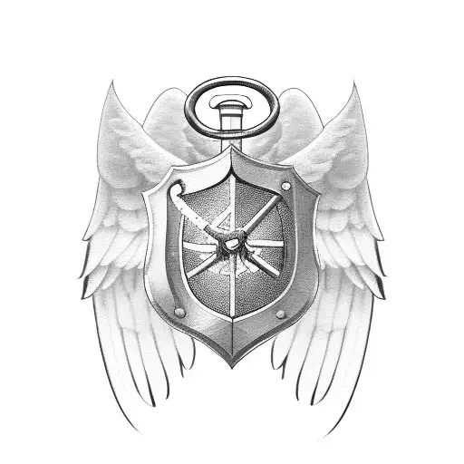 sword and shield with angel wings and banner below tattoo design idea